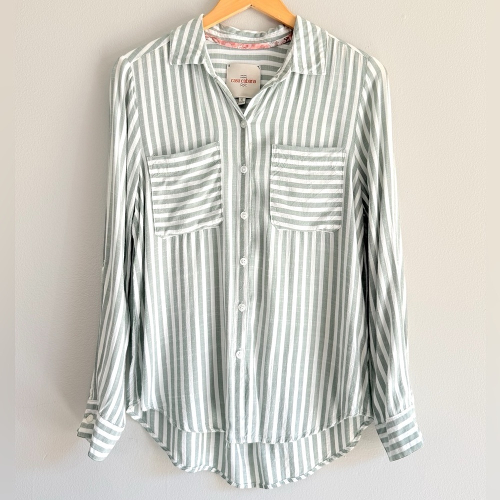 NEW Casa Cabana Breezy Striped Button Down Long Sleeve Shirt 100% Rayon